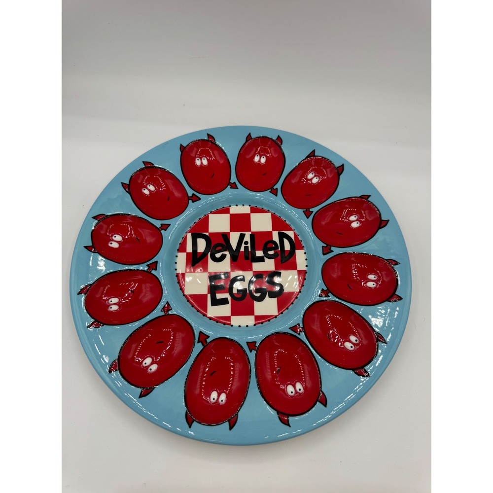 Our Name is Mud Lorrie Veasey Deviled Egg Platter Ceramic Serving Tray Blue Red